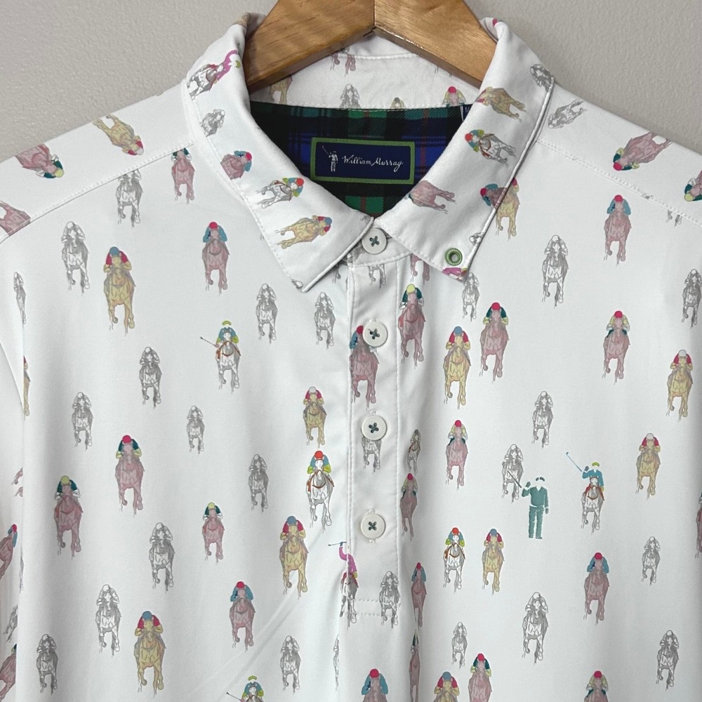 William Murray Golf And They're Off Polo Mens M White Horse Jockey Derby Print